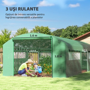 Seră Tunel cu 3 Uși Rulante, 6 Ferestre, Țăruși și Frânghii, Seră de Grădină din Oțel Galvanizat, 6x3x2 m, Verde - Img 4