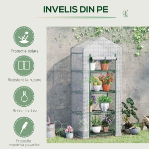 Sera verticala cu etajera cu 4 rafturi, sera pentru balcon si terasa din otel si PE alb, 70x50x160cm - Img 5