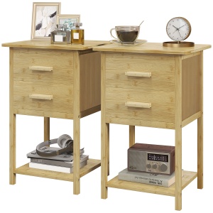 Set 2 Noptiere cu 2 Sertare și Poliță de Jos în Stil Nordic, Noptiere Moderne din Bambus, 40x34x60 cm, Lemn Natural - Img 1