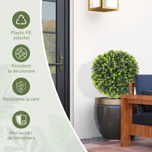 Set 2 Plante Artificiale de Buxus de 40 cm cu Tija Integrată pentru Interior și Exterior, Verde - Img 7
