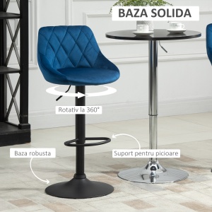 set 2 scaune de bar din efect de catifea,scaune insula bucatarie cu inaltime reglabila si pivotant, 51.5x48x83-104 cm, albastre - Img 5