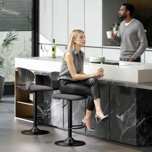 Set 2 Scaune de Bar Reglabile, Scaune de Bucătărie Înalte din Material Textil cu Efect de In cu Spătar, Suport pentru Picioare și Șezut Moale, Cadru Metalic, Scaune Rotative la 360°, Negru - Img 9