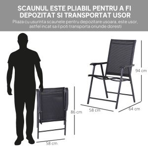 Set 2 Scaune de Grădină Pliabile cu Brațe, Scaune pentru Prânz de Exterior din Metal și Texteline, pentru Terasă, Balcon, Curte, Interior și Exterior, 58x64x94cm, Negru - Img 5