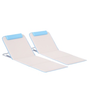 Set 2 Șezlonguri de Plajă Pliabile cu Tetieră, Spătar Reglabil și Husă pentru Transport, 134x48x33-43 cm, Bej - Img 1