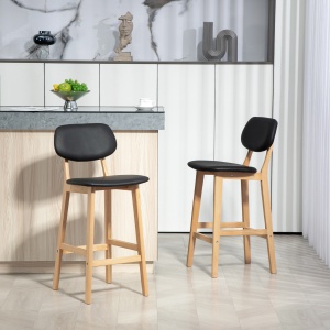 Set 2 Taburete cu Spătar și Tapițerie din Piele Artificială, Taburete Înalte din Lemn, 42x47x92 cm, Natural și Negru - Img 2