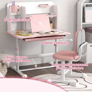Set Birou pentru Copii 3-12 Ani Reglabil pe Înălțime și Blat Înclinabil la 45°, 80x55x107.5 cm, Culoare Roz - Img 7