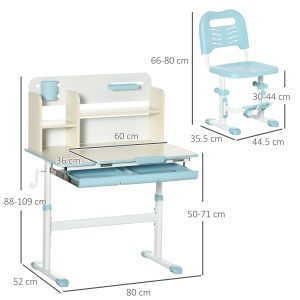 Set Birou și Scaun pentru Copii Reglabile, Inclinabilă la 60° cu Sertar, Rafturi și Suport, 3+ Ani, Albastru - Img 3