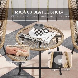 Set Bistro din 3 Piese cu Măsuță de Cafea cu Blat de Sticlă și 2 Scaune, Φ45x46 cm, Natural - Img 7