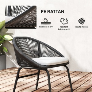 Set Bistro pentru Terasa din 3 Piese, Set cu Perne Moi pentru Sezut, Set de Mobilier din Rachita, Negru - Img 6