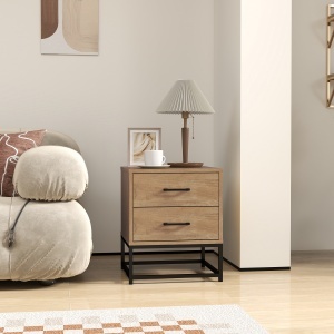 Set de 2 Noptiere cu 2 Sertare din Lemn și Oțel, 40x39.5x48 cm, Lemn Natural - Img 9