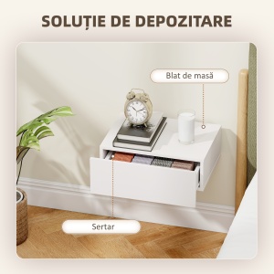 Set de 2 Noptiere Suspendate pentru Dormitor cu Sertar, 40x30x15 cm, Alb - Img 5