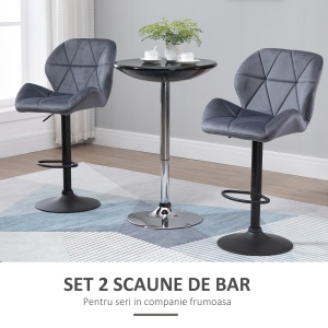 Set de 2 Scaune de Bar cu Înălțime Reglabilă, Bază Metalică și Șezut din Catifea, 51.5x57.5x93-114.5 cm, Gri - Img 7