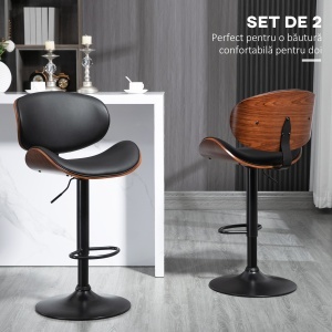 Set de 2 Scaune de Bar cu Spătar Reglabil pe Înălțime, Lemn și Piele Ecologică, 53x52x92-112 cm, Negru - Img 4