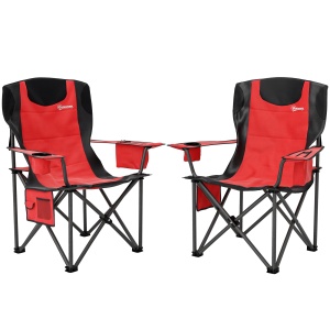 Set de 2 Scaune de Camping Pliabile cu Cooler, Suport de Pahare și 2 Buzunare, 94x62x100 cm, Roșu