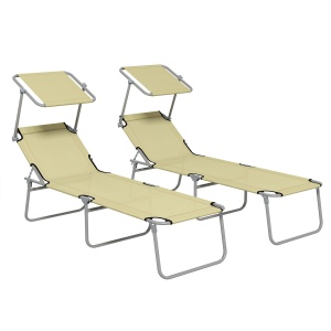 Set de 2 Șezlonguri Pliabile cu Tetieră Reglabilă, Spătar Reglabil, Șezlonguri de Grădină din Material Oxford și Metal, pentru Plajă, Piscină, 187x58x36 cm, Bej