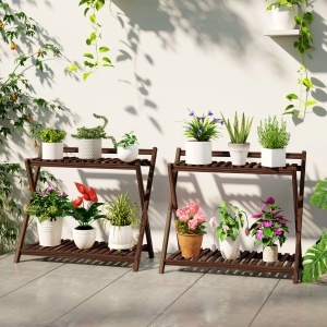 Set de 2 Suporturi pentru Plante cu 2 Niveluri, 73x36x64 cm, Maro - Img 2