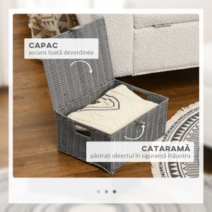 Set de 3 cosuri din rachita PP cu capac, containere dreptunghiulare de diferite dimensiuni, gri - Img 5