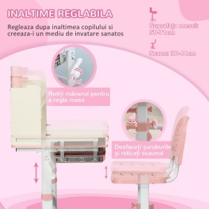 Set de Birou și Scaun pentru Copii de la 3 Ani Reglabil, Masă Inclinabilă 60° cu Sertar și Rafturi, Roz - Img 5