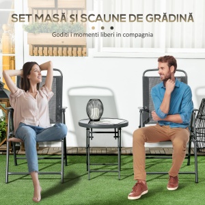 Set de Exterior din 3 Piese cu Masă cu Blat din Sticlă și 2 Scaune Pliabile din Plasă, Ф45x50 cm, Gri Deschis - Img 5