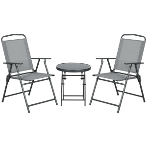 Set de Exterior din 3 Piese cu Masă cu Blat din Sticlă și 2 Scaune Pliabile din Plasă, Ф45x50 cm, Gri Deschis