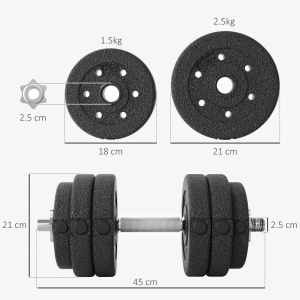 Set de Gantere 30 kg (8x2.5 kg, 4x1.5 kg) cu 12 Discuri și 2 Gantere de 2 kg, 43x18x7.5 cm, Negru - Img 3