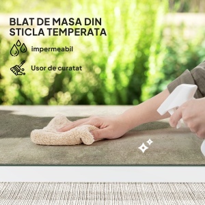 Set de Gradina cu Masa si Scaune cu Perne Detasabile, Blat din Sticla si Cadru din Otel, 108x60x72 cm, Alb - Img 6