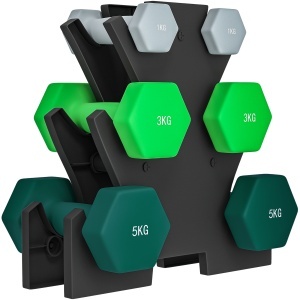 Set de greutăți hexagonale, greutate totală de 18 kg, cu suport inclus, din oțel, metal și plastic, multicolor - Img 1