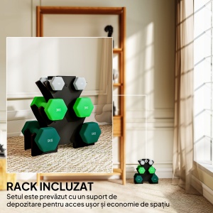 Set de greutăți hexagonale, greutate totală de 18 kg, cu suport inclus, din oțel, metal și plastic, multicolor - Img 5