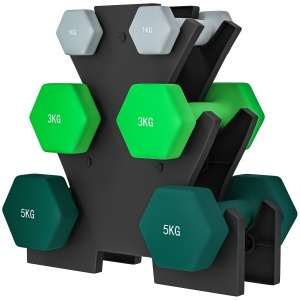 Set de greutăți hexagonale, greutate totală de 18 kg, cu suport inclus, din oțel, metal și plastic, multicolor - Img 9