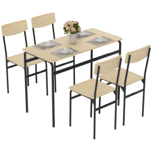 Set de Masă Rectangulară și 4 Scaune, Negru și Culoare Lemn