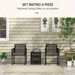 Set de Mobilier de Grădină din 3 Piese din Ratan, Set cu Masă din Sticlă Securizată și Perne Moi, 53x57x77 cm, Negru - Img 4