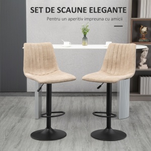 Set de scaune de bar reglabile pe inaltime 2 piese cu suport pentru picioare, otel si poliester, 47,5x57,5x95-116 cm, maro deschis - Img 4