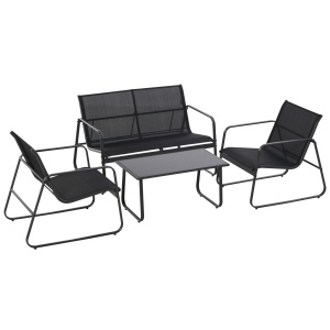 Set Masă Bancă si 2 Scaune de Gradina din Metal si Textilen Neagra
