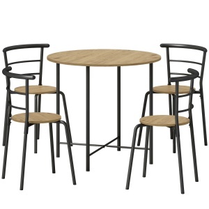 Set Masă Rotundă de Dining cu 4 Scaune Economisitor de Spațiu în Lemn și Metal Stil Industrial