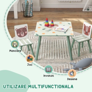 Set masa si scaun 3 piese pentru copii MDF lemn de pin desene animale verde distractie copii indemanare confortabil pentru copii model cu desene - Img 4