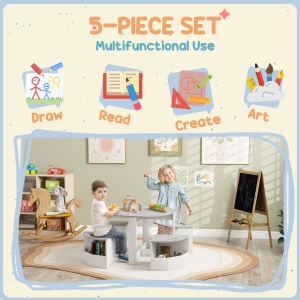 Set Masă și Scaun pentru Copii, Masă și Scaune pentru Copii din 5 Piese cu Depozitare, pentru Clasă, Creșă, Grădiniță, 78x78x49 cm, Gri - Img 4