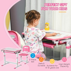 Set Masă și Scaun pentru Copii Reglabilă pe Înălțime, cu Blat Înclinabil 45°, 66x47x52-77 cm, Roz - Img 4