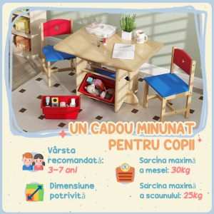 Set Masă și Scaune pentru Copii 3-7 Ani, cu 2 Scaune și 4 Compartimente de Depozitare, 77x57x50 cm, Lemn Natural - Img 6