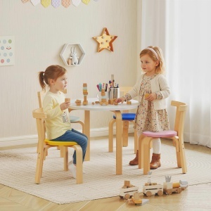 Set Masă și Scaune pentru Copii 3-8 Ani, 5 Piese cu Margini Rotunjite din Lemn Multicolor - Img 2