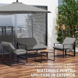 Set Mobilier de Exterior cu Măsuță din Sticlă, Canapea, 2 Fotolii și Perne, Gri - Img 6