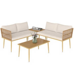 Set Mobilier de Grădină din 4 Piese cu 2 Canapele și 2 Măsuțe de Cafea, 116x65x70 cm, Alb Crem - Img 1