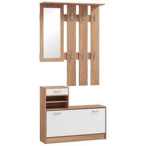 Set Mobilier Modern cu Etajeră pentru Pantofi, Oglindă cu 6 Cârlige, 2 Rafturi și Sertare, 90x24x177 cm, Lemn Natural