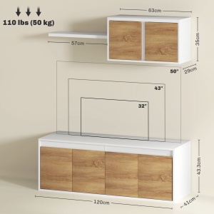 Set Mobilier TV și Dulap Suspendat cu 7 Rafturi și Raft Deschis, Mobilier pentru TV din PAL, 120x41x43,3 cm, Alb - Img 3