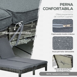Set Sezlong cu 2 locuri in PE Ratan cu Saltea captusita, Gri 195 x 120 x 28 cm - Img 6