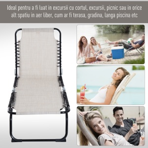 Sezlong portabil din otel si material tip plasa, care permite circularea aerului, cu spatar reglabil pe 4 pozitii, 197x58x26 cm, negru si crem - Img 7