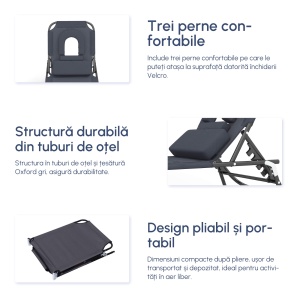 Sezlong Relax Pliabil pentru plaja cu pernuta și deschidere pentru față în tesătură Oxford, Gri - Img 5