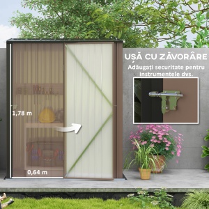 Sopron de Gradina din Otel Suport Scule, Magazie pentru Scule cu Zavor, 161.5x94.5x196cm, Maro - Img 5