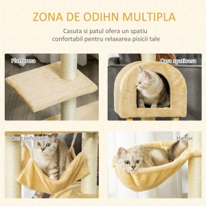 Stalp de zgariat pentru Pisici cu mai multe niveluri cu Hamac si Casuta, Franghii din Sisal Natural, 55 × 30 × 100 cm - Img 6
