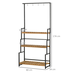 Suport de flori cu 3 niveluri cu carlige din lemn de brad si metal pentru interior si exterior, 80x36x174 cm, culoare negru si lemn - Img 3