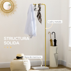 Suport de haina pentru intrare, dormitor si sufragerie din metal si marmura, 35x25x152 cm, auriu si alb - Img 6